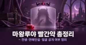 보라색 배경에 왕관과 반투명 유리 뒤의 익명 아바타 실루엣, 마이크, 빨간 캡슐을 배치하고 마왕루야의 전생·연예인설·얼굴 공개 여부를 정리하는 기사 제목을 담은 이미지.