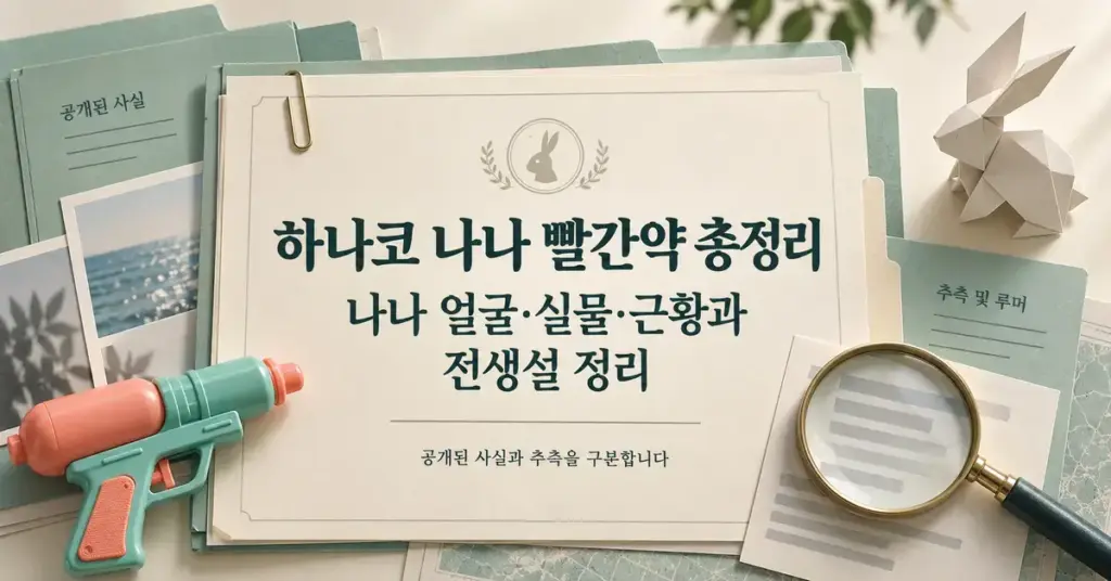 민트색 비밀요원 자료 파일 위에 하나코 나나의 얼굴·실물·근황과 전생설 정리 제목을 담고 종이 토끼, 물총, 돋보기를 배치한 이미지.