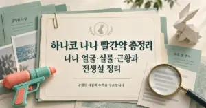 민트색 비밀요원 자료 파일 위에 하나코 나나의 얼굴·실물·근황과 전생설 정리 제목을 담고 종이 토끼, 물총, 돋보기를 배치한 이미지.